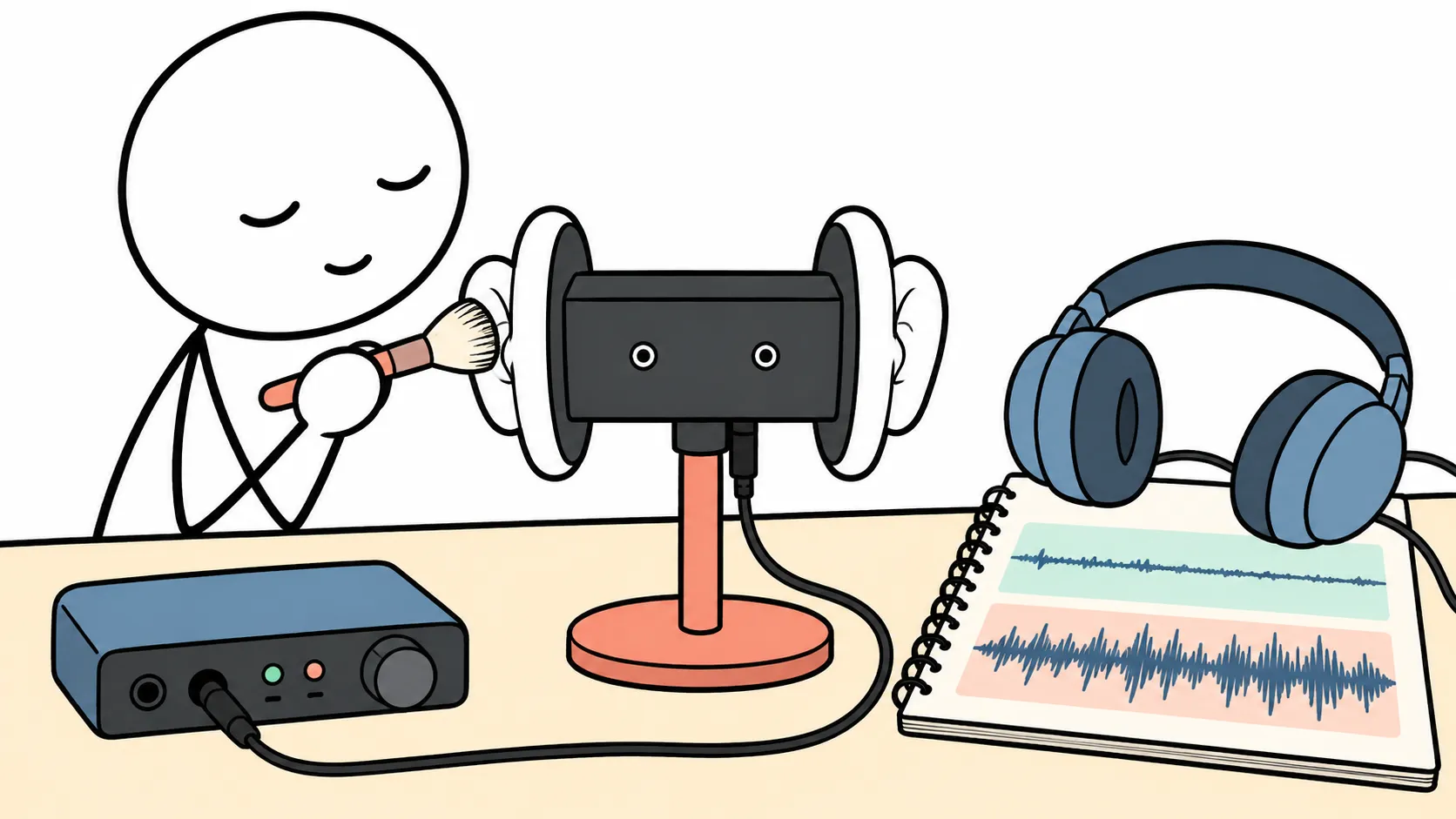 Stick-figure creator with closed eyes brushing the ear of a dummy-head binaural microphone, with an audio interface, blue headphones and a notebook of quiet and loud waveforms on the desk