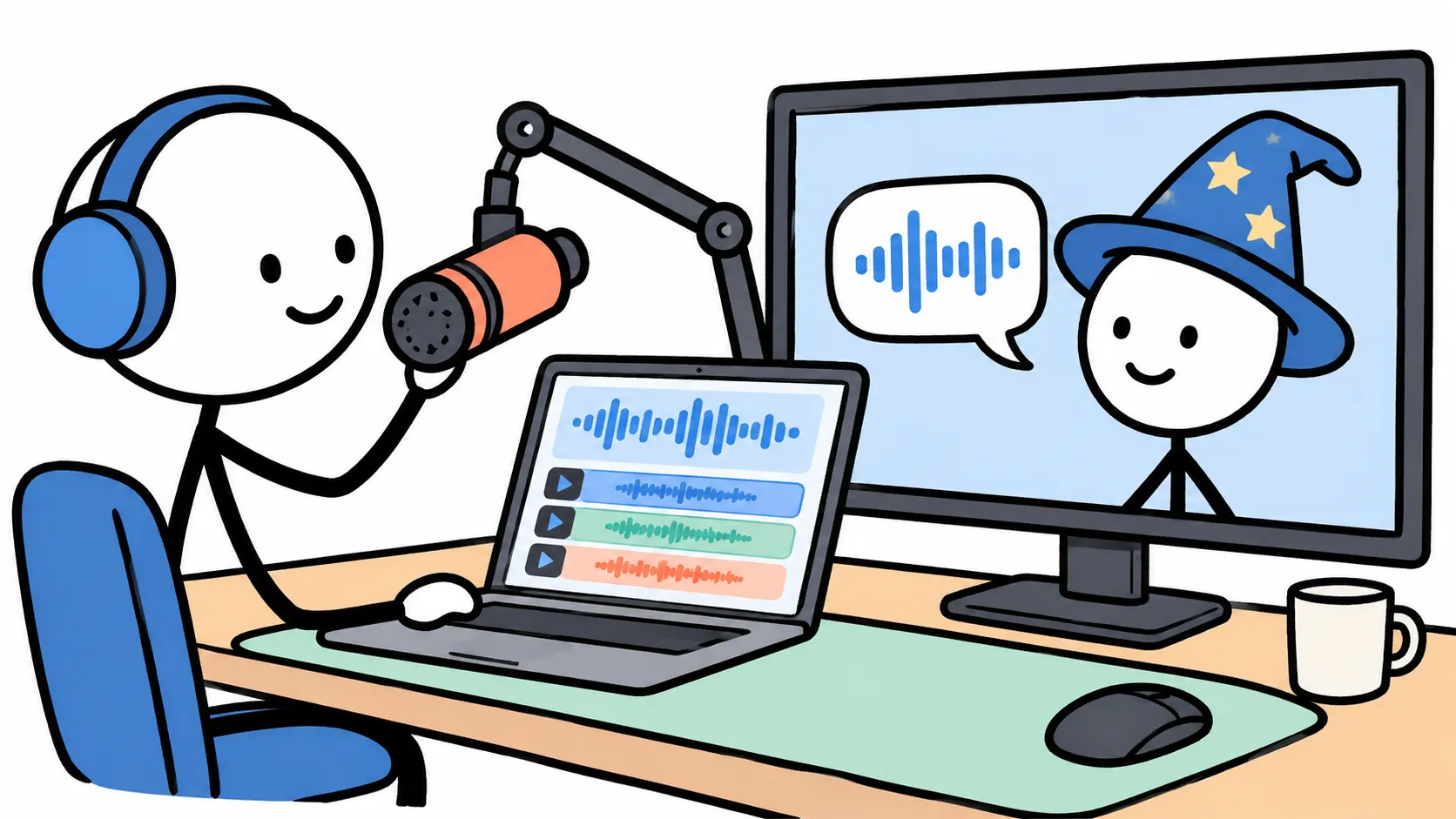 Stick-figure creator recording into a coral microphone beside a laptop and a monitor showing a wizard character voice