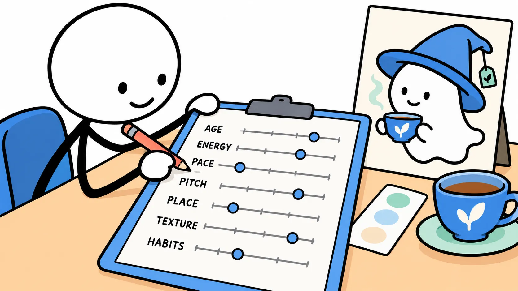 Stick-figure creator marking a seven-slider paper voice plan beside an original tea-shop ghost character card
