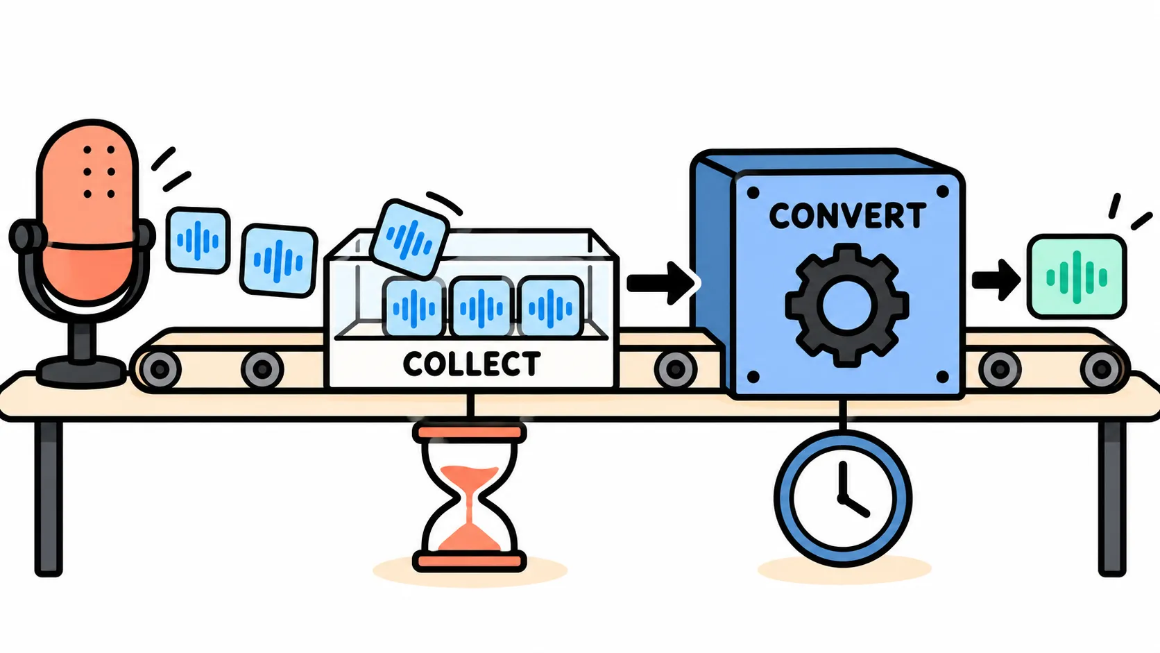 A conveyor metaphor shows sound tiles collecting in a tray before entering a converter, with an hourglass for waiting and a clock for processing