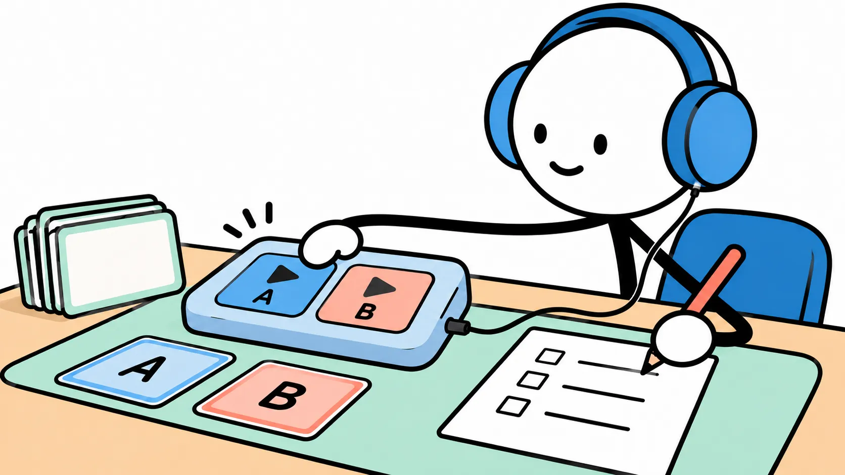 Listener in blue headphones pressing an anonymous A playback pad beside a B pad and taking notes on a checklist