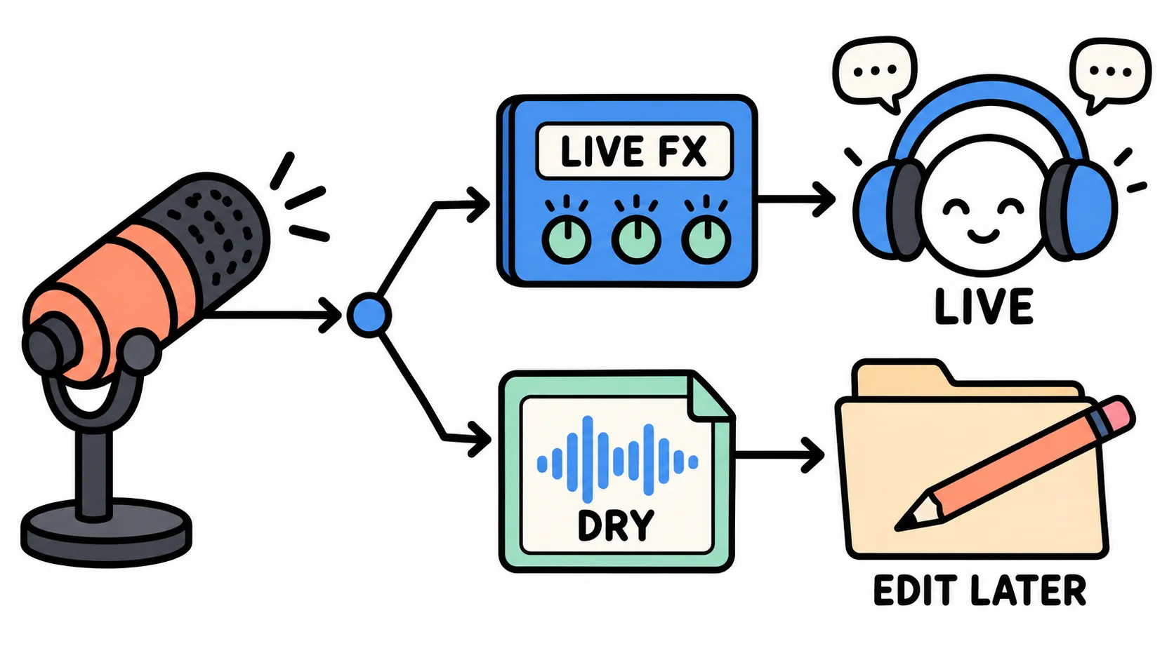 A microphone signal splits before live effects, sending processed voice to live listeners and an untreated dry file to later editing