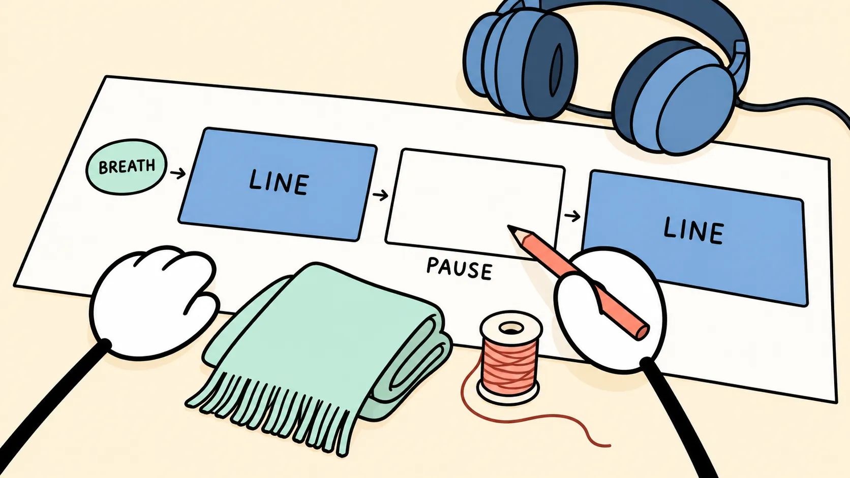 Hands plan an ASMR scene on paper with a breath before the first line and a pause between lines, beside a scarf and thread