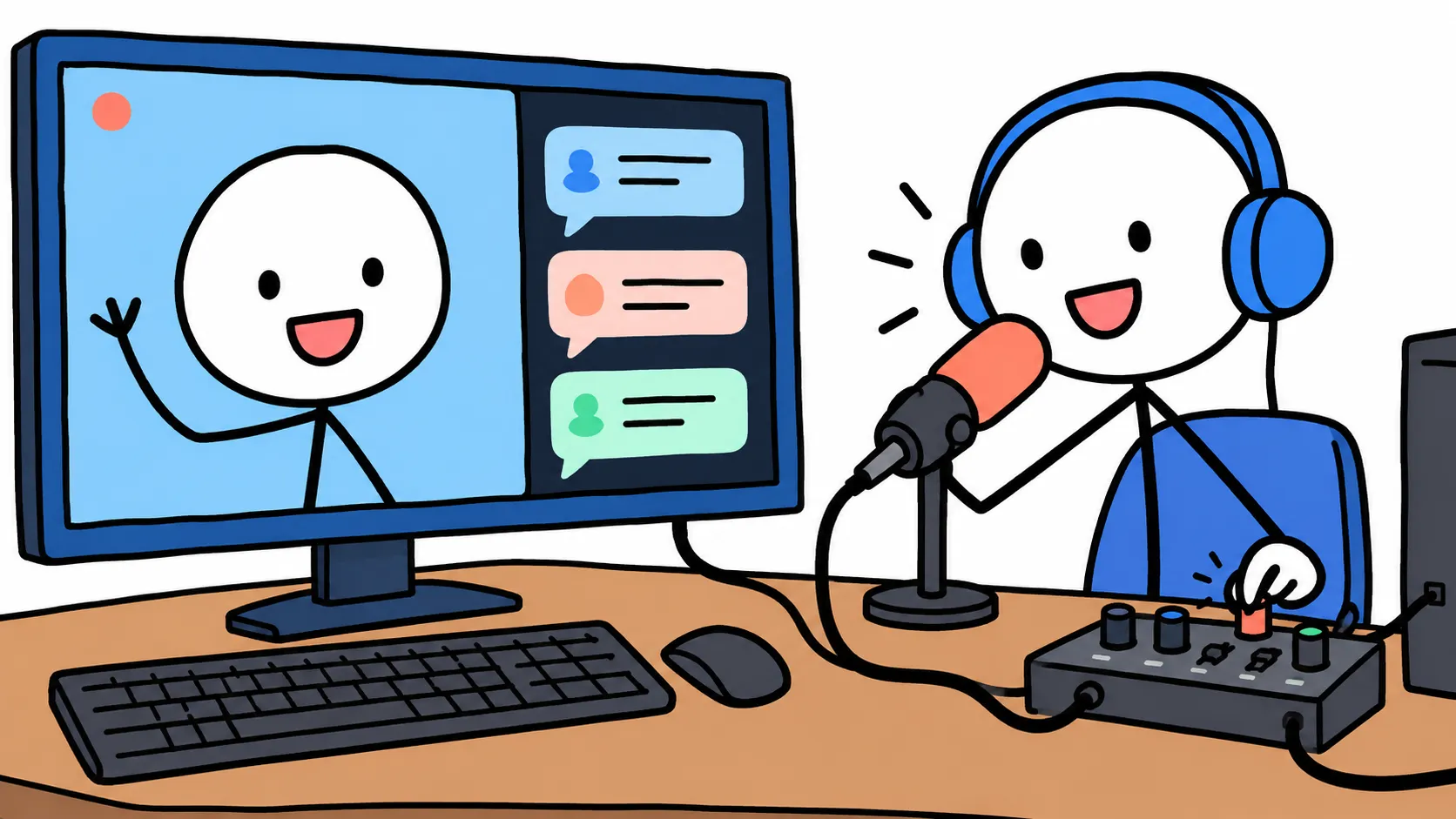 Stick-figure streamer in blue headphones talking into a coral microphone and adjusting a small audio mixer, while a monitor shows their waving avatar next to a column of chat bubbles