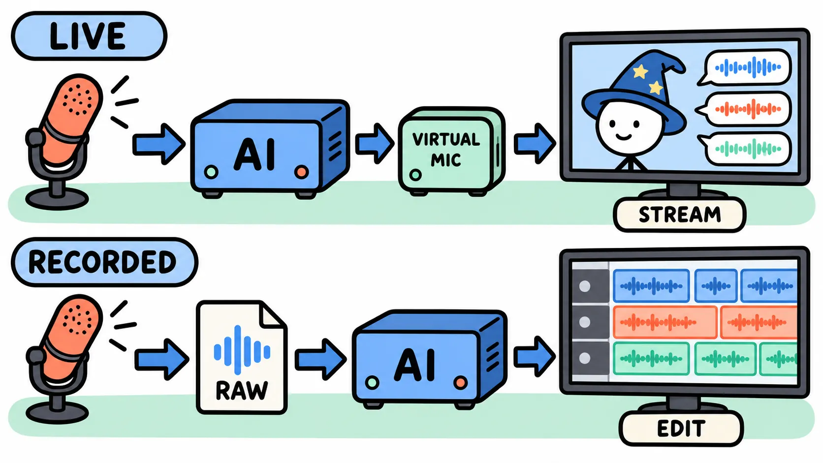 Two illustrated signal paths: microphone to AI conversion to virtual microphone to stream; microphone to raw recording to AI conversion to editing