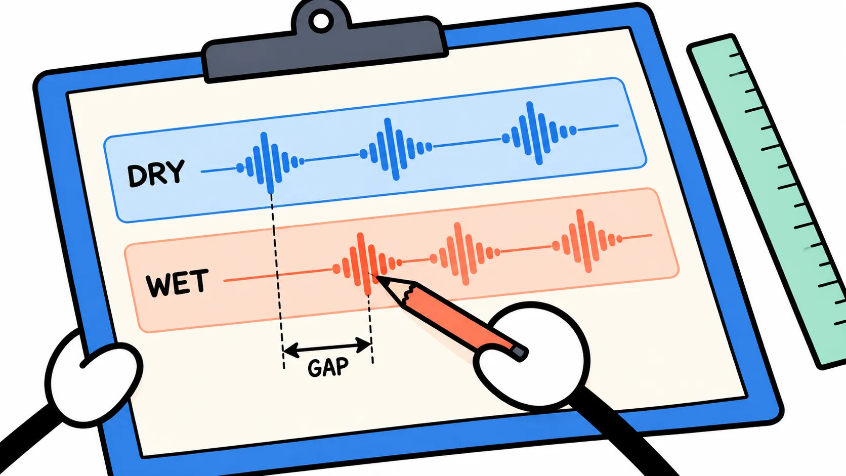 A pencil marks the first converted audio event on a paper sketch, with a gap between matching dry and wet events