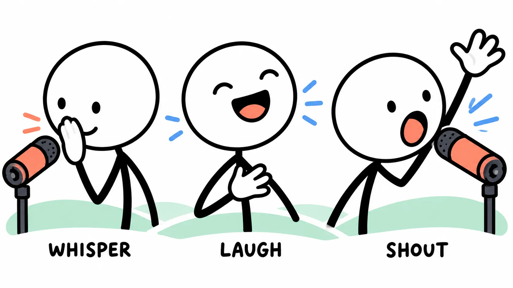 Three stick-figure close-ups performing a whisper, a laugh and a shout, each with a different expression and gesture