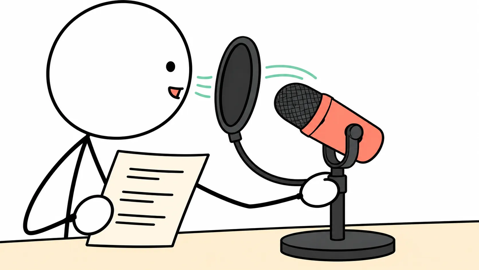 A stick-figure performer holds a script and adjusts a microphone behind a pop screen, slightly below the direct stream of breath