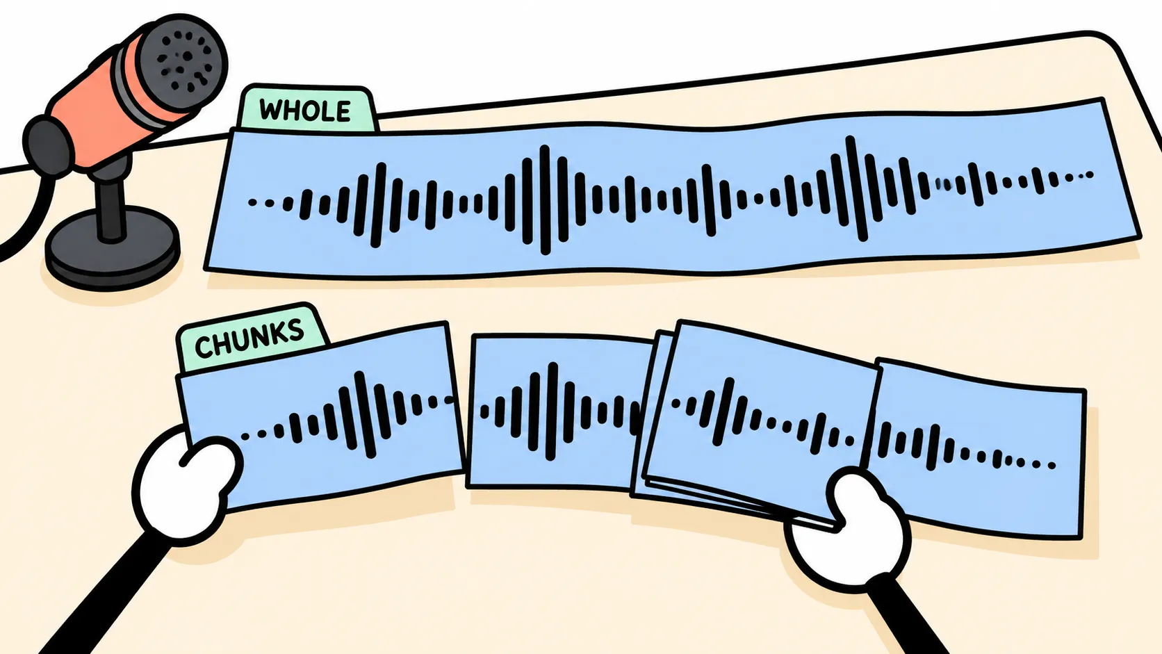 Hands hold separate audio-strip pieces beneath one complete recording, illustrating live chunks versus whole-file context